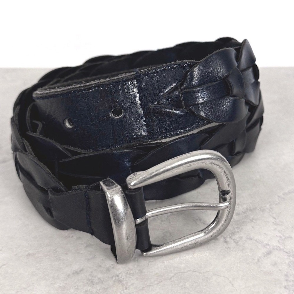 Retro Woven Black Real Leather Belt Mens 34 Preppy Dark Academia